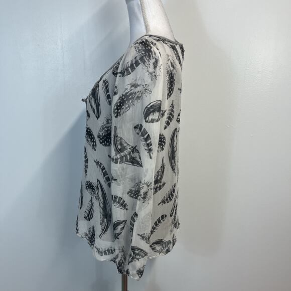 Hale Bob Blouse Women's Size S Gray Sheer Feathers Boho Peasant Lagenlook Casual - Picture 4 of 6